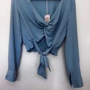Love Blue Cuffed Sleeve Tie Front Crop Blouse
